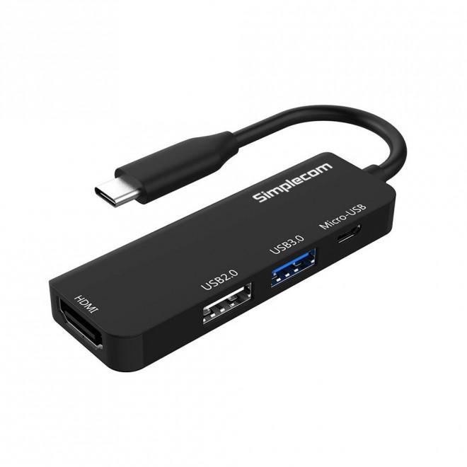 Simplecom DA305 USB 3.1 Type C to HDMI 4 in 1 Combo Hub with HDMI, USB 3.0, USB 2.0, and Micro USB ports in a sleek aluminum design.